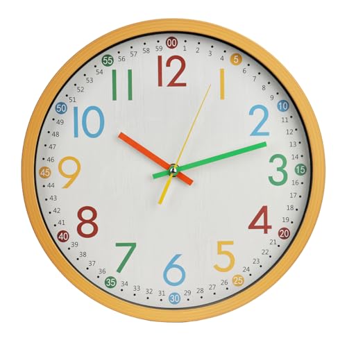 Kids Wall Clock Silent Non-Ticking Colorful Childrens Clock Round Decorative Wall Clocks for Classroom, School, Office, Bedroom, Living Room, Kitchen (Birch, 12 inch) - color: Birch