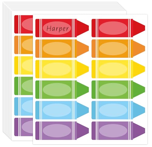 Whaline 240Pcs Back to School Crayon Name Tags Colorful Crayon Classroom Nameplate Stickers Students Desk Name Label Decals Bulletin Board Locker Sticker for First Day of School Decor - style: Colorful Crayon