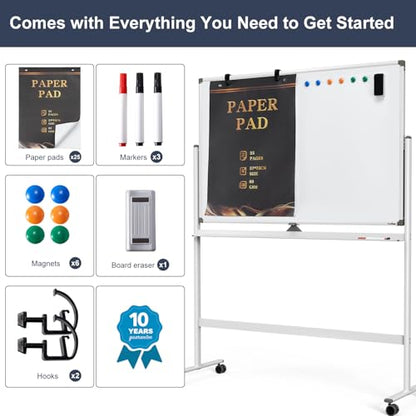 Dry Erase Whiteboard Easel on Wheels - TANKEE 48" x 32" Large Double Sided Mobile Whiteboard, Reversible Magnetic Rolling White Board for Home Office Classroom, Flip Chart Holders and Paper Pad - color: White, size: 48"x32"
