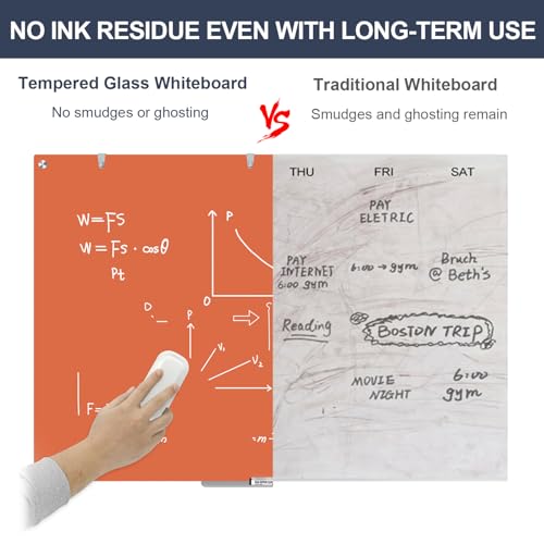 Glass White Board Dry Erase Board, 48x36 Inches Magnetic Glass Whiteboard, Large Dry Erase Board for Wall Office School Classroom Home, 4x3 Feet Orange Big Whiteboard Wall Mounted