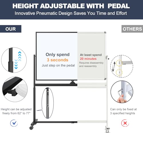 Rolling Whiteboard, 48 x 32 Inches Magnetic White Board with Stand, Double-Sided Large Standing Dry Erase Board on Wheels, Height-Adjustable Mobile Dry Erase Board for Office, Home, Classroom - color: Black - Upgraded, size: 48"x32"