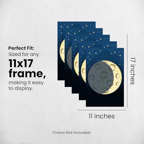AMERICAN LUXURY GIFTS Moon Phases Wall Art for Kids – 5-Piece Galaxy Nursery Prints, Solar System Decor for Boys & Girls, Homeschool or Classroom Learning Posters – 11x17 Unframed Astronomy Artwork