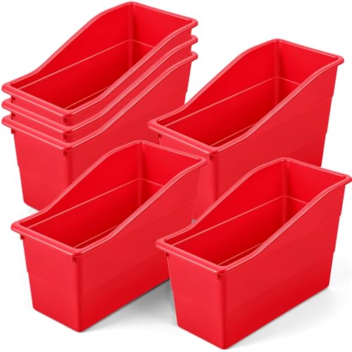 6 Pack Book Bins for Classroom Library, Storage Organizer Bins Holders, 11.4 x 5.5 x 7.4 Inch Durable Plastic Containers for School, Office, Kitchen & Home Organization (Red) - color: Red