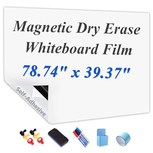 Self-Adhesive Dry Erase Whiteboard Sticker, 78.74" x 39.37" Magnetic Receptive White Board Wall Film, No Ghosting, Easy Write & Clean | Peel & Stick for Office, Home & Classroom,Incl. Accessories - size: 78.74" x 39.37"