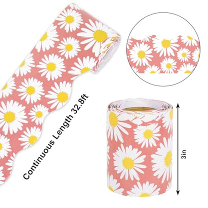 Whaline 32.8ft Daisy Bulletin Board Border Pink White Daisy Flower Floral Die-Cut Border Trim for Chalkboard Wall Decoration - style: White Daisy Flower