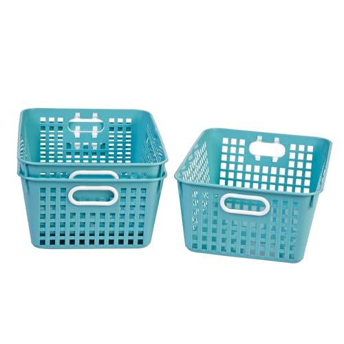 Really Good Stuff 160016WA Multi-Purpose Plastic Storage Baskets for Classroom or Home Use - Stackable Mesh Plastic Baskets with Grip Handles 13" x 10" (Water - Set of 12) - color: Water