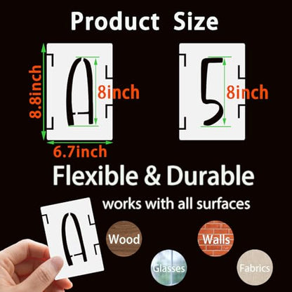 BAMIDELE 8 Inch Alphabet Letter Numbers Stencils, 42 Pcs Reusable Plastic Letters Symbol Interlocking Drawing Template Kit for Painting on Wood, Fabric, Rock, Chalkboard, Door Porch, Wall, Signage - size: 8 Inch