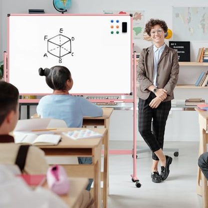 Mobile Whiteboard, 48x32 Inches Dry Erase Board with Stand, Large Rolling Whiteboard on Wheels, Standing White Board for Office, School, Home, Magnetic Double Sided White Board with Paper Pad - color: Pink, size: 48"x32"