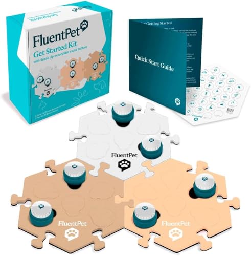 FluentPet Speak Up Get Started Kit with Clearer Upward-Facing Sound - 6 Recordable Buttons for Dogs & 3 Beige HexTiles | Dog & Cat Communication Buttons Set | with Batteries - color: 6 Buttons + 3 Hextiles (Beige)
