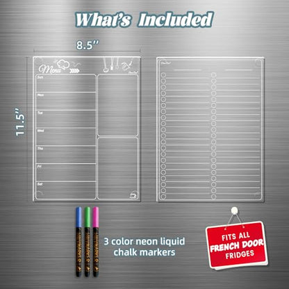 Clear Non-Magnetic Meal Planner Set for Fridge - Dry Erase Transparent Menu and List Board - Sticks to Wall, Glass, Door, Any Smooth Surfaces - style: Menu+List
