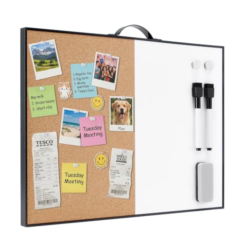 TSJ OFFICE Small Whiteboard Cork-Board - 12" X 16" Portable Aluminum Black Framed Magnetic Dry Erase Board for Wall, Small Bulletin Cork Board with Holder for Office, Home and School - color: Black- Half Cork & Half Whiteboard