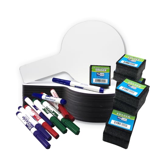 Flipside Products Mini Dry Erase Answer Paddles with Assorted Color Dry Erase Marker and Erasers, Auction, Handheld Whiteboard, Handle Response Board, 36 Pieces, Pack of 12 - style: 12 Pack + Colored Markers + Erasers