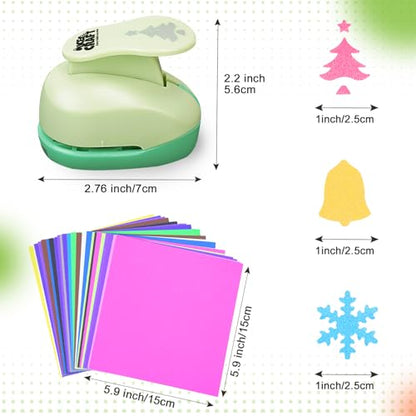 UCEC Hole Punch 1 Inch Craft Christmas Snowflakes Bells Shapes 30 Pieces Hole Puncher for Crafts Set with Craft Paper Cardstock, Mix Shape Designs Hole Puncher for Kids for Crafting Scrapbooking - style: 3 Diffrent Shapes Punch & 30 Craft paper