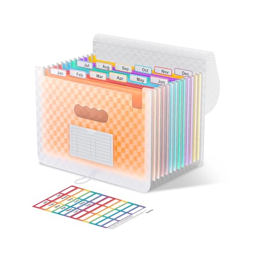 ThinkTex Accordion File Organizer, 12 - Pocket Expanding File Folders for Paper Receipts, Bills&Taxes Organizer, Letter/A4 Size Document Holder for School, Office, Home with Colorful tabs-Orange - color: Orange