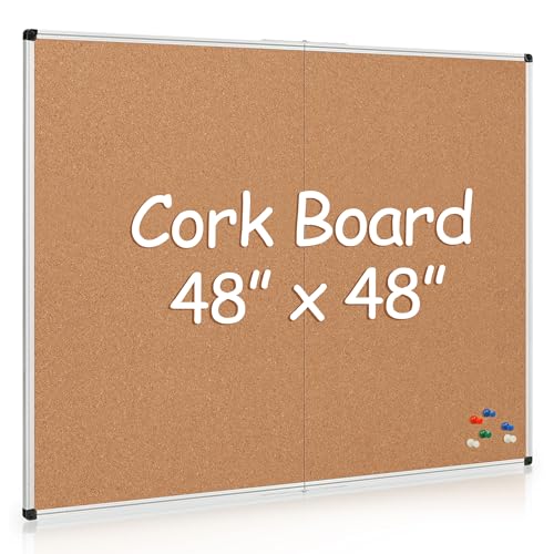 Extra Large Cork Bulletin Board 48" X 48", Foldable Notice Pin Board for Wall, Silver Aluminum Framed 4'x4' Corkboard, Wall Mounted Noticeboard with 36 Push Pins for School, Home & Office - size: 48" x 48"