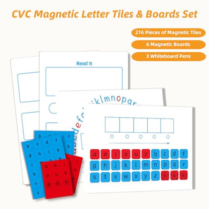 CVC Magnetic Letter Tiles and Spelling Writing Boards Set | 216 ABC Magnets, 6 Magnetic Letter Boards for CVC Literacy Spelling Reading Word Building Phonemic Awareness Practice