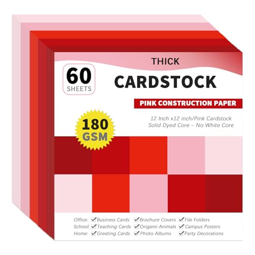 gisgfim 60 Sheets Pink Cardstock 12 X 12 Solid Dyed Core Construction Paper Cardstock 5 Assorted Colors Card Stock Printer Scrapbook Paper 65lb/180gsm for Embossing Printing Invitations DIY Craft - color: Pink, size: 12 X 12