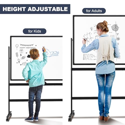Dry Erase Whiteboard Easel on Wheels - TANKEE 70" x 36" Large Double Sided Mobile Whiteboard, Reversible Magnetic Rolling White Board for Home Office Classroom, Flip Chart Holders and Paper Pad - color: Black, size: 70"x36"