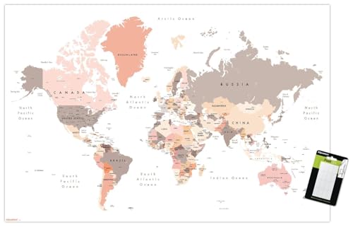 Geography - World Map Neutral Earth Tones 26 Wall Poster, 22.4L" x 14.7W", Premium Poster & Mount Bundle - color: Premium Poster & Mount Bundle, size: 22.4L" x 14.7W"
