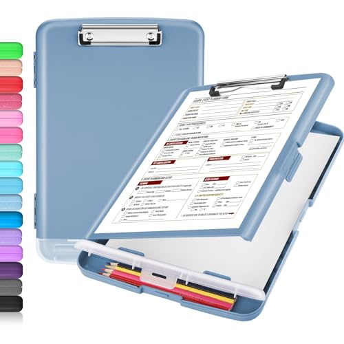 Sooez Clipboard with Storage, Clip Board 8.5 x 11 with Pen Holder, Plastic Organization Case Box for Letter Legal A4 Size Paper, Low Profile Clip, Nurses Teachers Must Haves, School & Office Supplies - color: Haze Blue