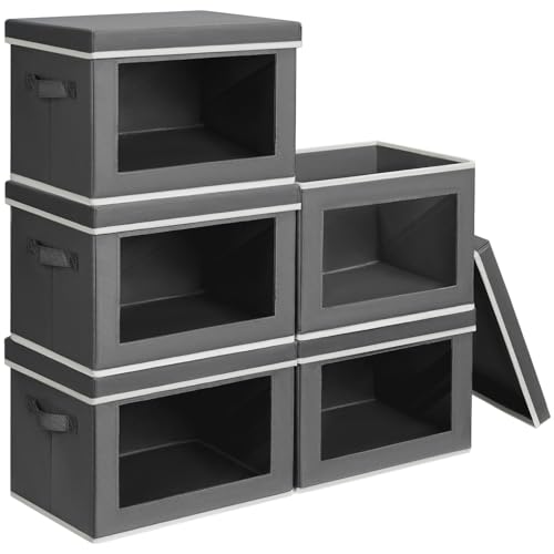 Homsorout Stackable Storage Bins with Lids - Medium Storage Box with Lids, Foldable Closet Boxes for Organizing, Wardrobe Clothes Organizer with Window, Cubes Bins for Living Room, 5 Pack, Dark Grey - color: Dark Grey, size: L(5-Pack)