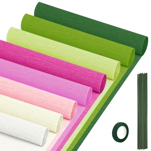 Crepe Paper Streamers 8 Rolls, 10 x 98Inch 8 Pink&Green Colors Crepe Paper Sheets for DIY Gift Colourful Paper Flower Wrapping Paper Crafts Birthday Wedding Holiday Party Decorations - color: Pink&Green