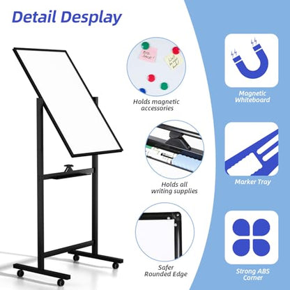 VOWNER Magnetic Mobile Whiteboard, 40" x 24" Double-Sided Dry Erase Board with Stand, Includes a Pen, Eraser, and Magnetic Buttons, Aluminum Frame Rolling Whiteboard for Home, Office, or Classroom