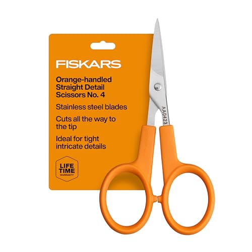Fiskars 4" Orange-Handled No. 4 Straight Detail Scissors, Precision Stainless Steel Blades, Ambidextrous Double-Loop Handle, Sewing & Crafting Scissors for Tight Patterns & Complex Detail Cutting - size: 4”, style: Straight Detail