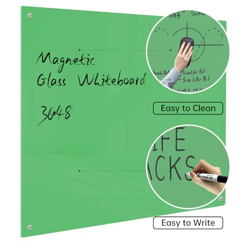 Magnetic Glass Dry Erase Board - White Board 48 x 36 Inch Wall Mounted Glass Whiteboard, Large Frameless Glass White Board for Wall Office, Home & School, Green - color: Green, size: 48"W x 36"H