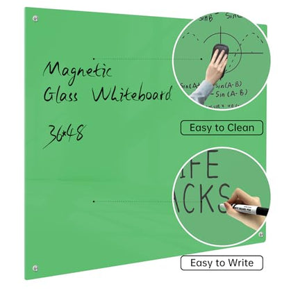 Magnetic Glass Dry Erase Board - White Board 48 x 36 Inch Wall Mounted Glass Whiteboard, Large Frameless Glass White Board for Wall Office, Home & School, Green - color: Green, size: 48"W x 36"H
