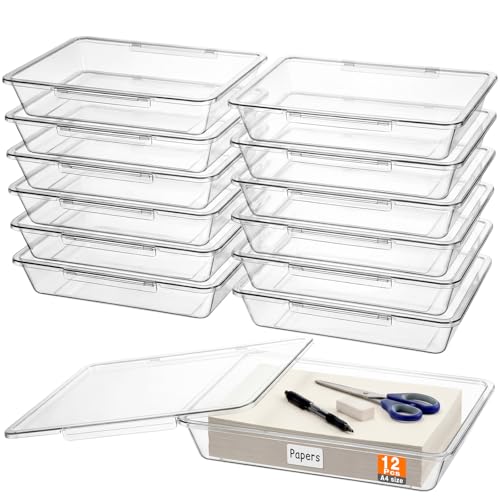 Tinlade 12 Pcs Classroom Paper Storage Bins with Clear Latching Lids Labels, Letter Size Stackable Flat Trays Container Paper Organizer for Teacher Back to School Office Arts Crafts (Clear,13x10in) - color: Clear