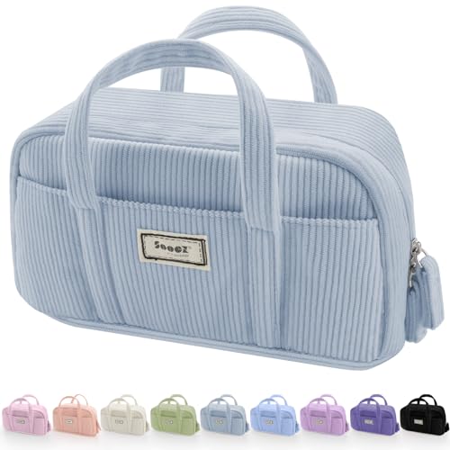 Sooez Large Pencil Case Pouch, Extra Big Pencil Bag with 5 Compartments, Pen Bag Wide Opening, Soft Corduroy Pencil Pouch Organizer with Zipper, Cute Aesthetic School Supplies for Teen Girls-Blue - color: Blue