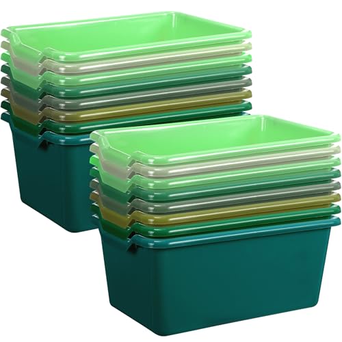 Dandat 16 Pcs Plastic Book Bins for Classroom Library Cubby Bins Scoop Front Stackable Toy Storage Tubs Containers for School Office Home Nursery Playroom Organization (Green Series) - color: Green Series