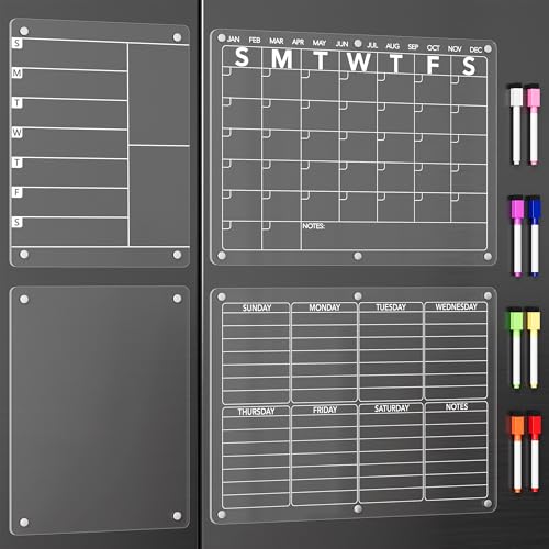 Neatsure 4Pcs Acrylic Magnetic Dry Erase Board Calendar for Fridge, Clear Monthly Weekly Daily Meal Menu Planner Whiteboard for Refrigerator, Notepad Memo White Board, w/ 8 Colors Markers, 15"x11" - size: 15"x11", style: Monthly Weekly Daily Memo