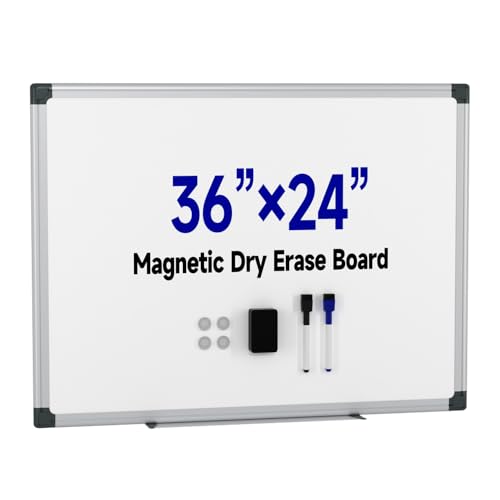 VUSIGN Magnetic White Board Hanging 36" x 24" for Wall, Dry Erase Board for Office, School, Home, Silver Frame, Includes Eraser, Markers, Magnets, Pen Tray