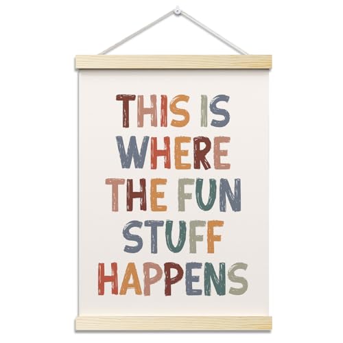 This is Where All The Fun Stuff Happens Posters Hanger Frame for Playroom Boho Hanging Poster for Nursery Classroom Decor Wall Art Decor for Kid Room Canvas Wall Art Print 16x12 Inches - YY057 - color: colored fun 02