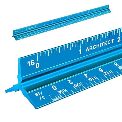 Architectural Scale Ruler, Imperial Measurements 12'', Laser-Etched Aluminum Architect Triangular Ruler for Architects, Students, Draftsman, and Engineers(Blue) - style: Blue-A
