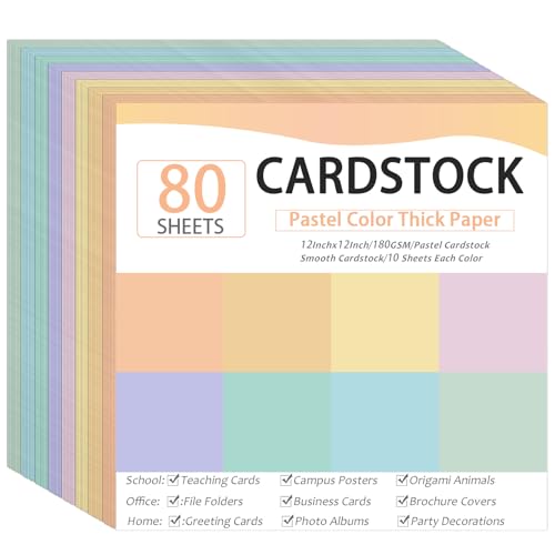 80 Sheets Cardstock Paper 12 x 12 Inches Thick Paper Card stock Colored Cardstock Papers 180gsm Solid Core Printer Papers for DIY Arts Crafts Card Making School Office Home Supplies (Pastel) - color: Pastel, size: 12x12in