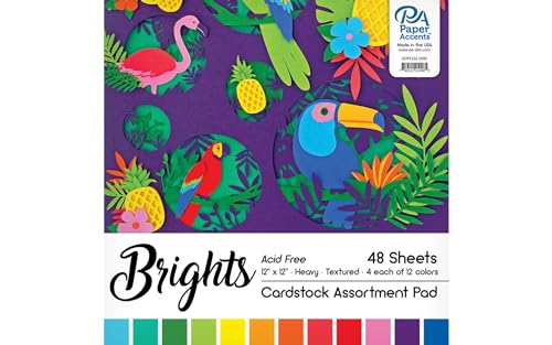 Paper Accents 12x12 Cardstock Pad, Bright Assortment, 48 Sheets, Heavyweight Textured Solid Core Paper, Scrapbooking, Card Making, Crafts, DIY Projects, School Supplies, Art Projects - color: Bright