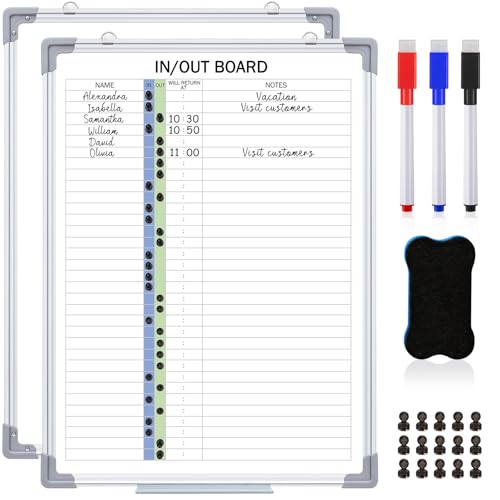 Lincia in and Out Magnetic Dry-Erase Board 24" x 18" Aluminum Framed White Board with Lines 33 Names with Magnetic Dry-Erase Marker, Eraser, and 35 Magnets Wall-Mounted for Office Employee - size: 24" X 18", style: Regular Styles