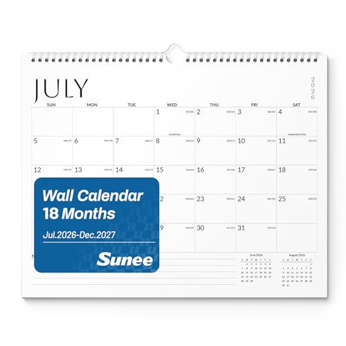 SUNEE 2026-2027 Calendar - 18 Months Wall Calendar Jul. 2026 - Dec. 2027, 14.5"x11.5" Big Grid Hanging Calendar with Note for Organizing & Planning, White - color: White