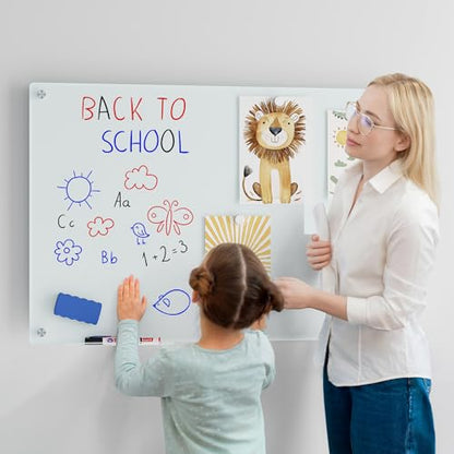 Magnetic Glass Whiteboard for Wall, 36" x 24" Large Dry Erase Board, Frameless Wall-Mounted White Board School, Classroom, Office & Home - size: 36" x 24"