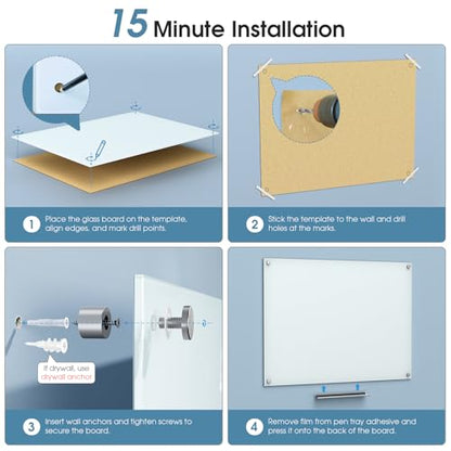 MaxGear Glass Whiteboard Tempered Magnetic Dry Erase Board 48x36 Inch | Magnetic Steel,Frameless Design,Smooth Writing,Ghost Free,Wall Mounted,Accessory Kits,Office Classroom Conference Room Use - color: White, size: 48"W x 36"H