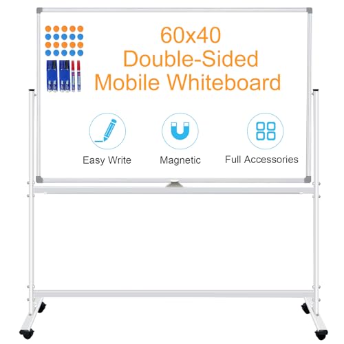 BSTPCOO Magnetic Dry Erase White Board with Stands 60 x 40 Inch, Double-Sided 5' x 3' Large Rolling Whiteboard on Wheels Mobile Whiteboard Portable Stand Up White Board for Office, School, Home - color: Silver, size: 60"W x 40"H
