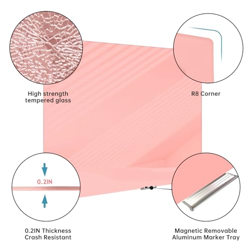 Magnetic Glass Whiteboard - 48"x36" Frameless Glass Dry Erase Board for Walls, Office, School, Home - Pink - color: Pink, size: 48" x 36"