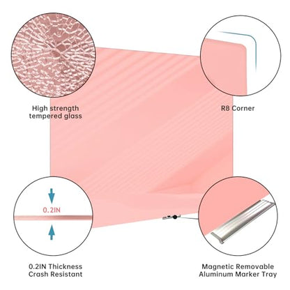 Magnetic Glass Whiteboard - 48"x36" Frameless Glass Dry Erase Board for Walls, Office, School, Home - Pink - color: Pink, size: 48" x 36"