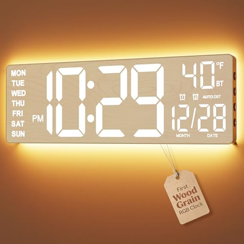 EASYERA 16.5" Large Digital Wall Clock with BT Sync, Wood Grain Clock with 11 RGB Light Scenes, Remote Control, Dual Alarms with Big LED Display, Auto DST, Temperature for Classroom Gaming - color: Beige