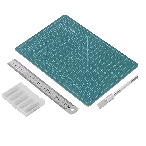 Fabric Cutting Mat, A5 15x22cm Plastic Mat with Steel Ruler and 25 Blades, for Cutting Wood Cardboard Paper Plastic Cloth Leather Foam Board