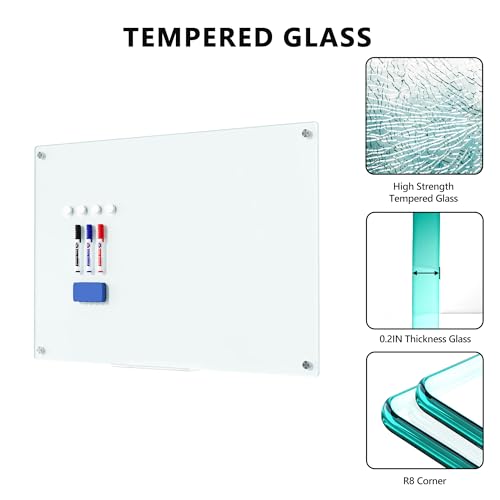 Magnetic Glass Whiteboard for Wall, 36" x 24" Large Dry Erase Board, Frameless Wall-Mounted White Board School, Classroom, Office & Home - size: 36" x 24"