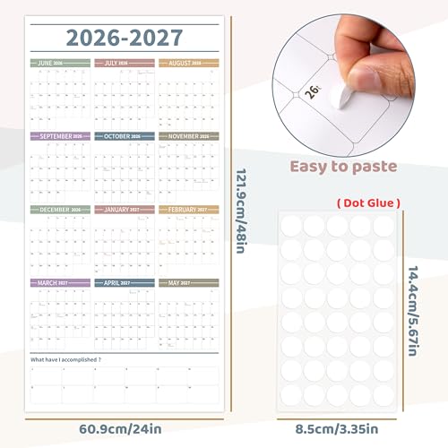 GuassLee Large Yearly Wall Calendar 2026-2027, Full Year Calendar One Page, Jun. 2026- May 2027, Annual Wall Calendar 2026, 24"X 48" Wall Calendar 2026 Large with Foam Stickers - color: Jun White